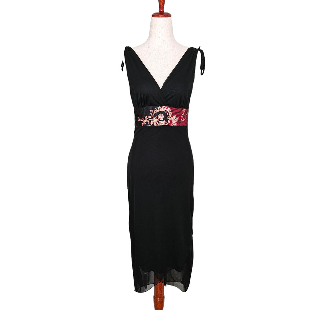 Vintage Black Mesh Dress High-Low Floral Babydoll 90s 00s Y2k Ruched Tie Small